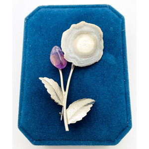 Sparkling Gray Stalactite Slice Flower Brooch Pin Purple Semi Precious Stone